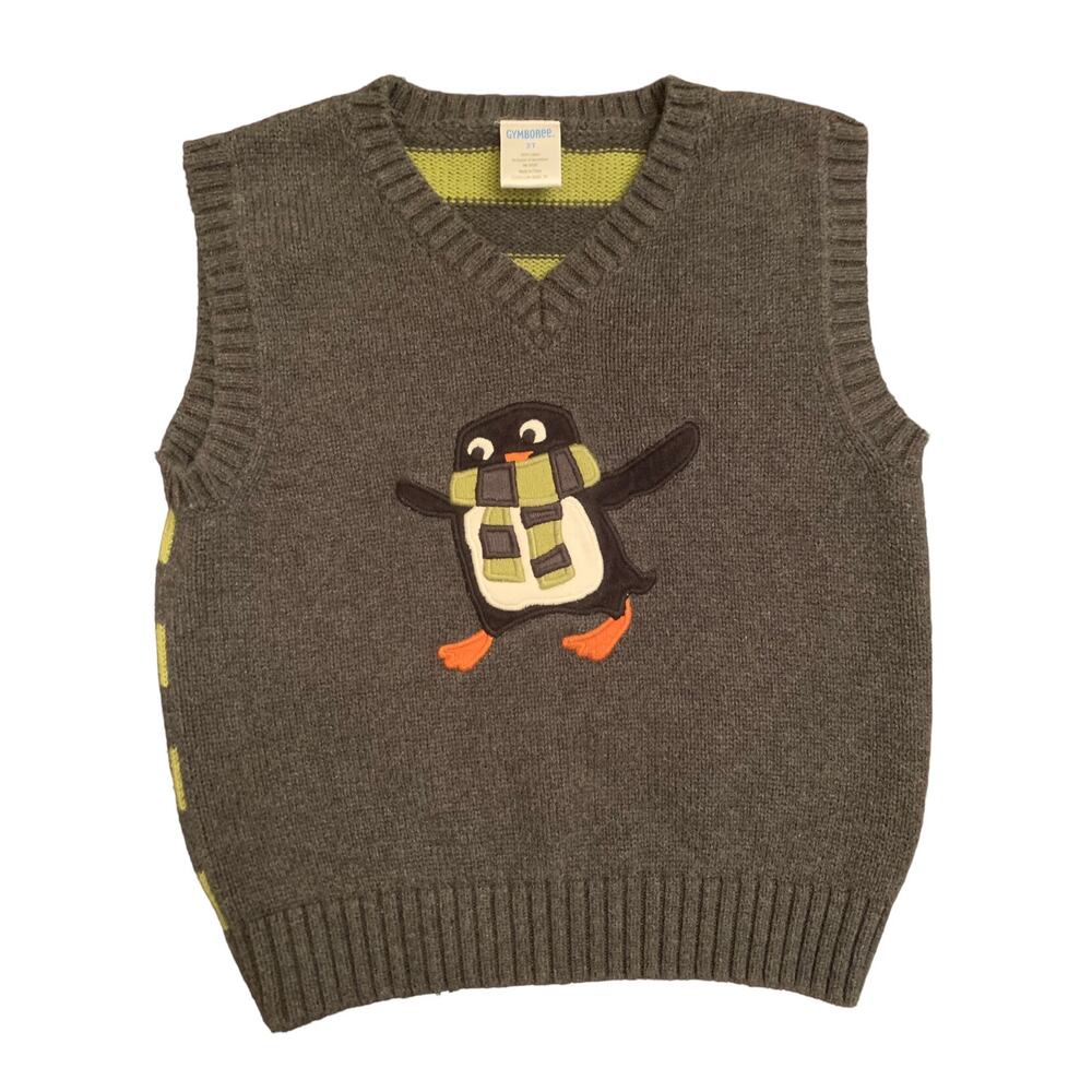 Y2K Gymboree Boys Gray Green V-Neck Penguin Sweater Vest 3T Holiday 100% Cotton